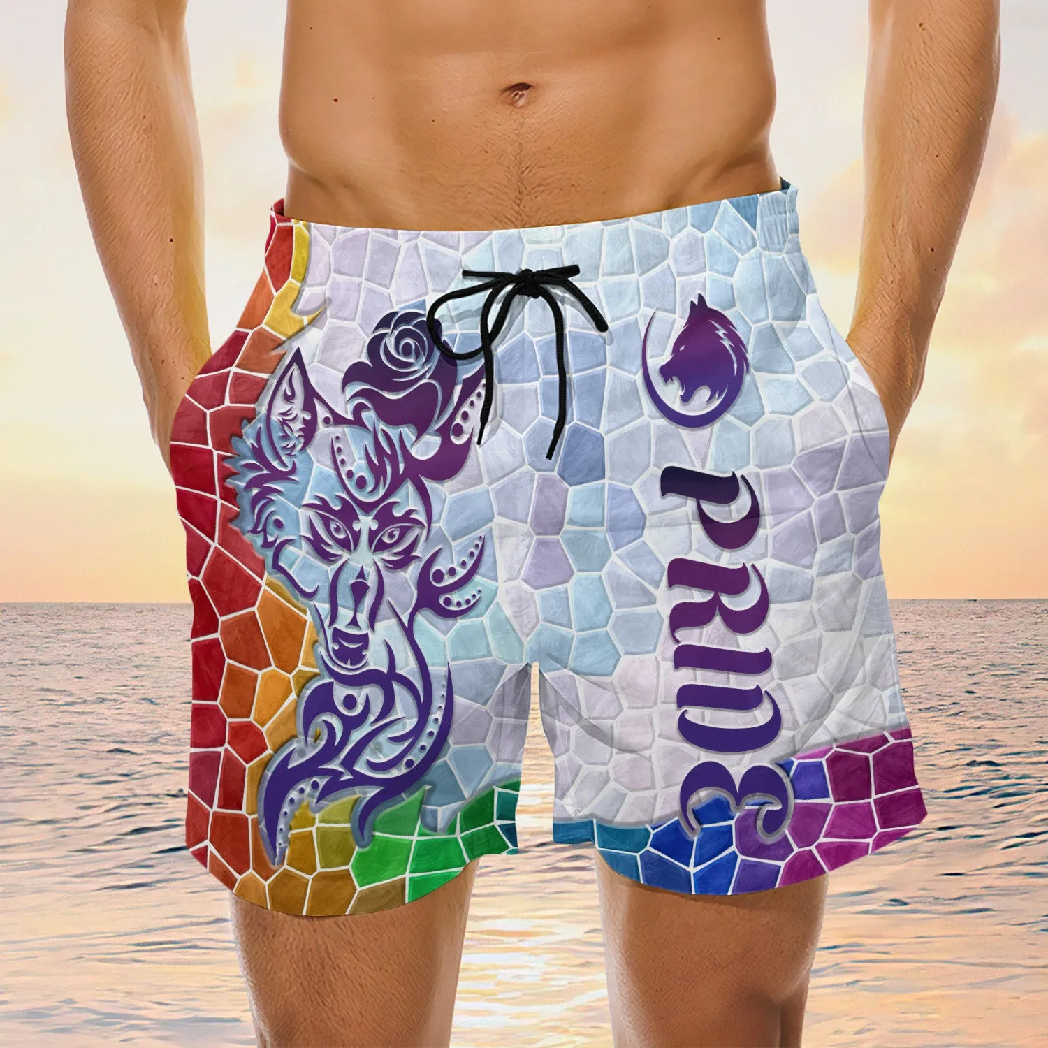 Lgbt Wolf Rose Tattoo Pride Swim Trunks, Gay Beach Shorts, Men's Swim Shorts