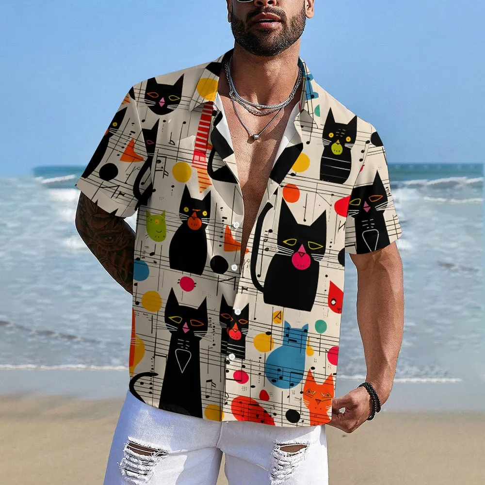 Men's Abstract Mid Century Cat Symphonyc Print Casual Shirt 2408008801