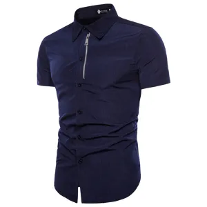 Men's Button down Tailor Fit Soft 100% Cotton Short Sleeve Dress Shirt Navy Blue casual And Formal