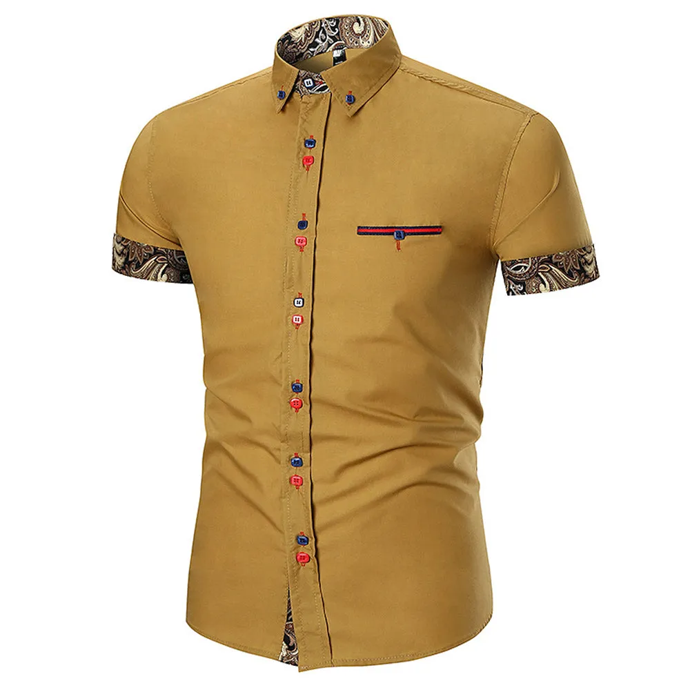 Men's Button down Tailor Fit Soft 100% Cotton Short Sleeve Dress Shirt Tan with Black Gold Paisley check casual And Formal