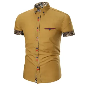Men's Button down Tailor Fit Soft 100% Cotton Short Sleeve Dress Shirt Tan with Black Gold Paisley check casual And Formal
