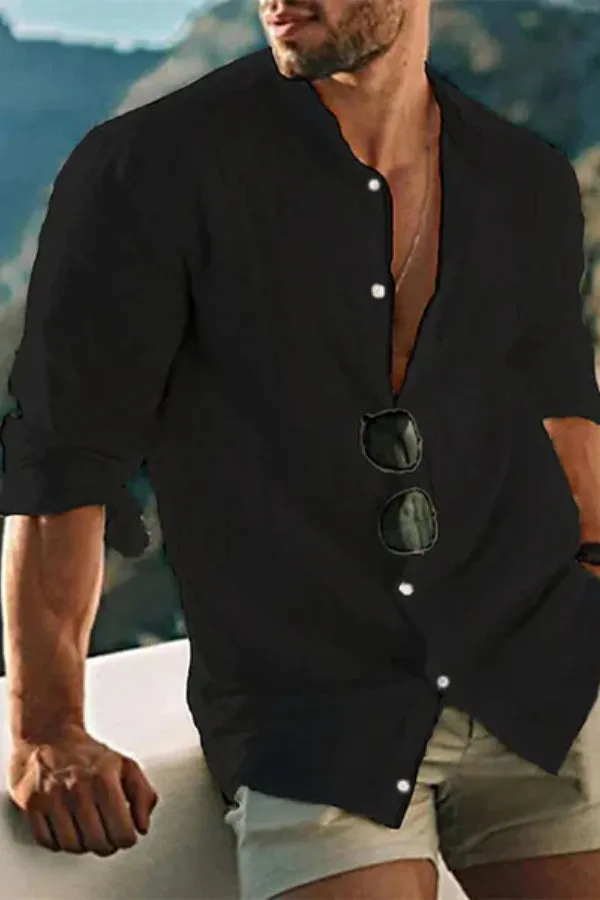 MEN'S CASUAL SOLID COLOR LINEN BEACH SHIRT