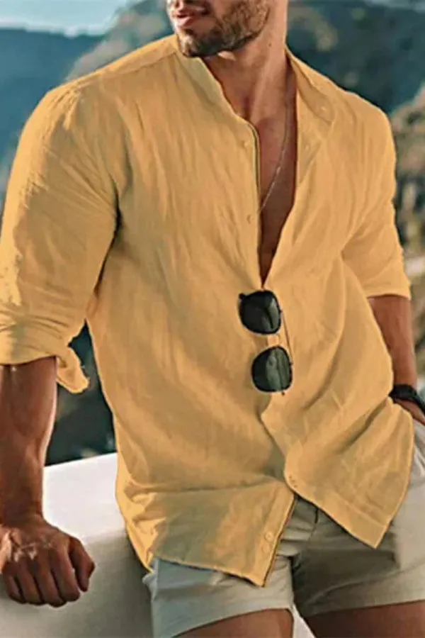 MEN'S CASUAL SOLID COLOR LINEN BEACH SHIRT