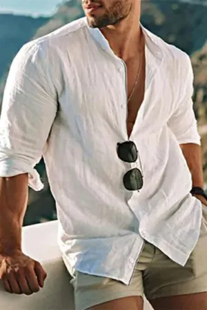 MEN'S CASUAL SOLID COLOR LINEN BEACH SHIRT