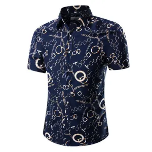 Men's Fashion Navy Blue Chains Slim Fit Short Sleeve Shirt