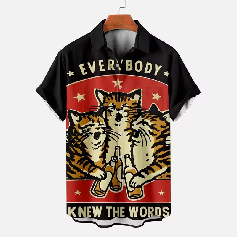 Men's Funny Cat Animal Printed Short Sleeve Shirt