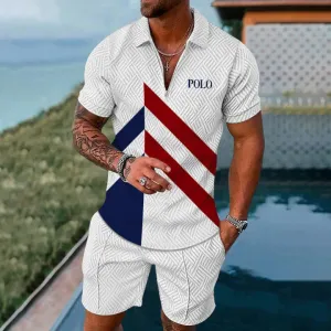 Men's Geometric Print Casual Short-Sleeved Polo Two-Piece Set