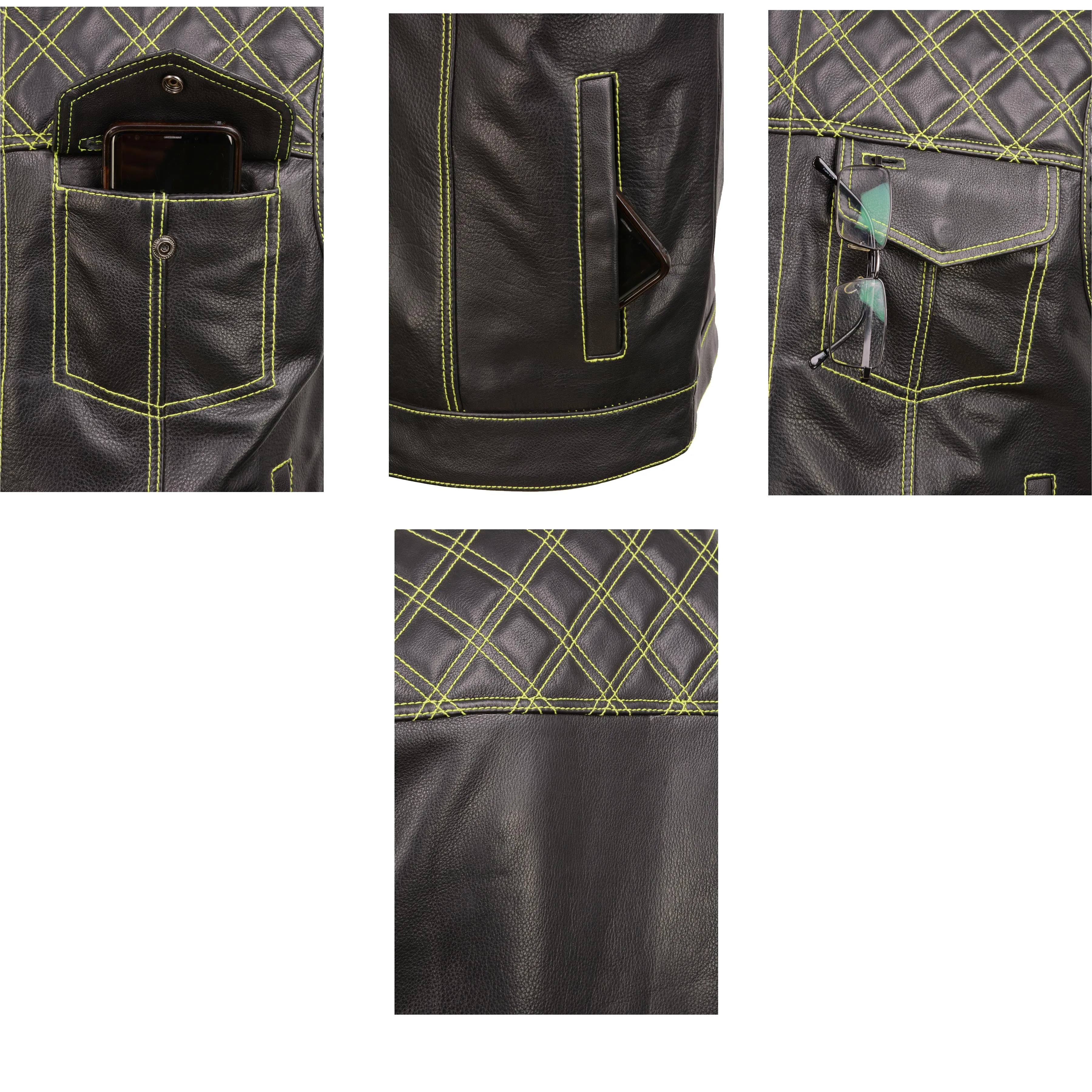 MLM3528 Men's Black 'Paisley' Accented Neon Green Stitching Leather Vest w/Armhole Trim