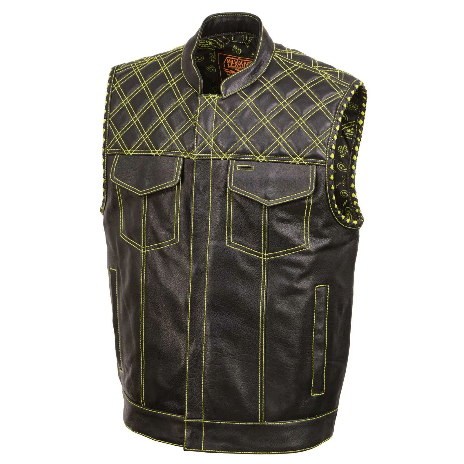 MLM3528 Men's Black 'Paisley' Accented Neon Green Stitching Leather Vest w/Armhole Trim