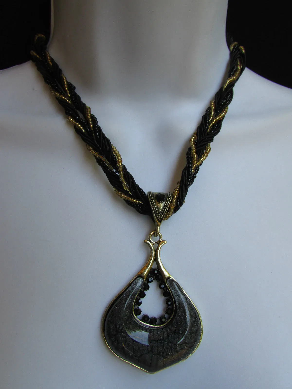Multi Beas Chain Big Black Glass Drop Rhinestones Pendant 10" Strands Necklace