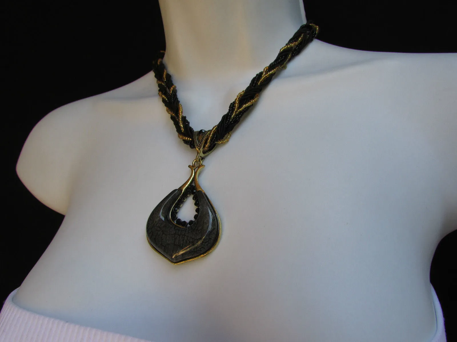 Multi Beas Chain Big Black Glass Drop Rhinestones Pendant 10" Strands Necklace