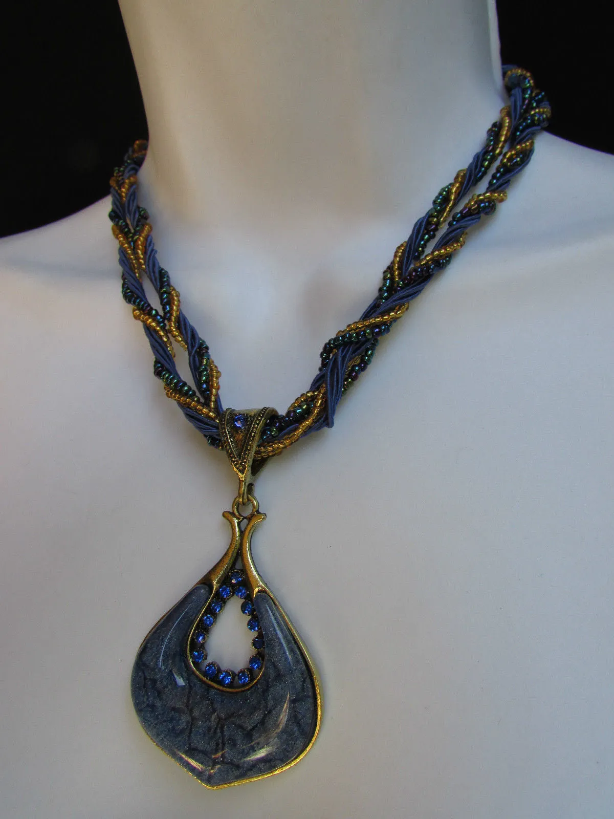 Multi Beas Chain Big Black Glass Drop Rhinestones Pendant 10" Strands Necklace