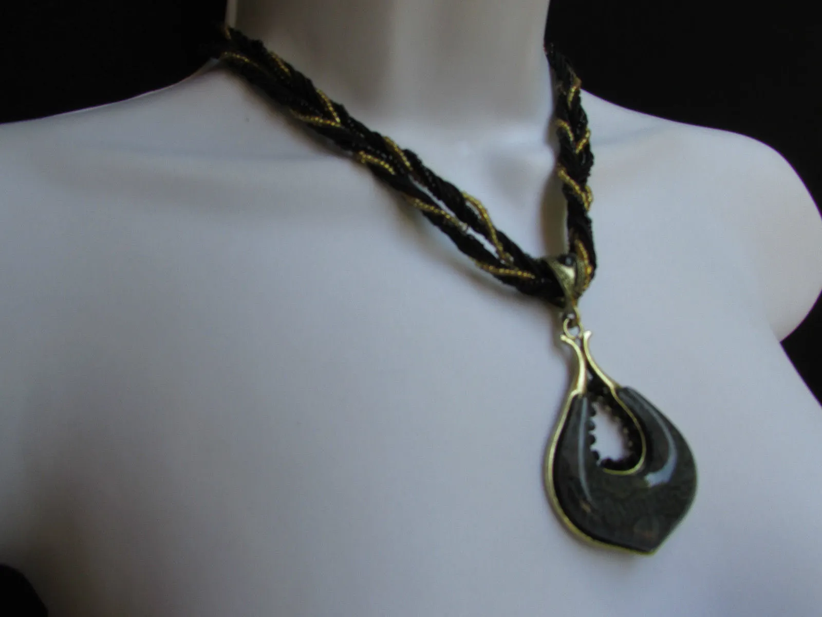 Multi Beas Chain Big Black Glass Drop Rhinestones Pendant 10" Strands Necklace