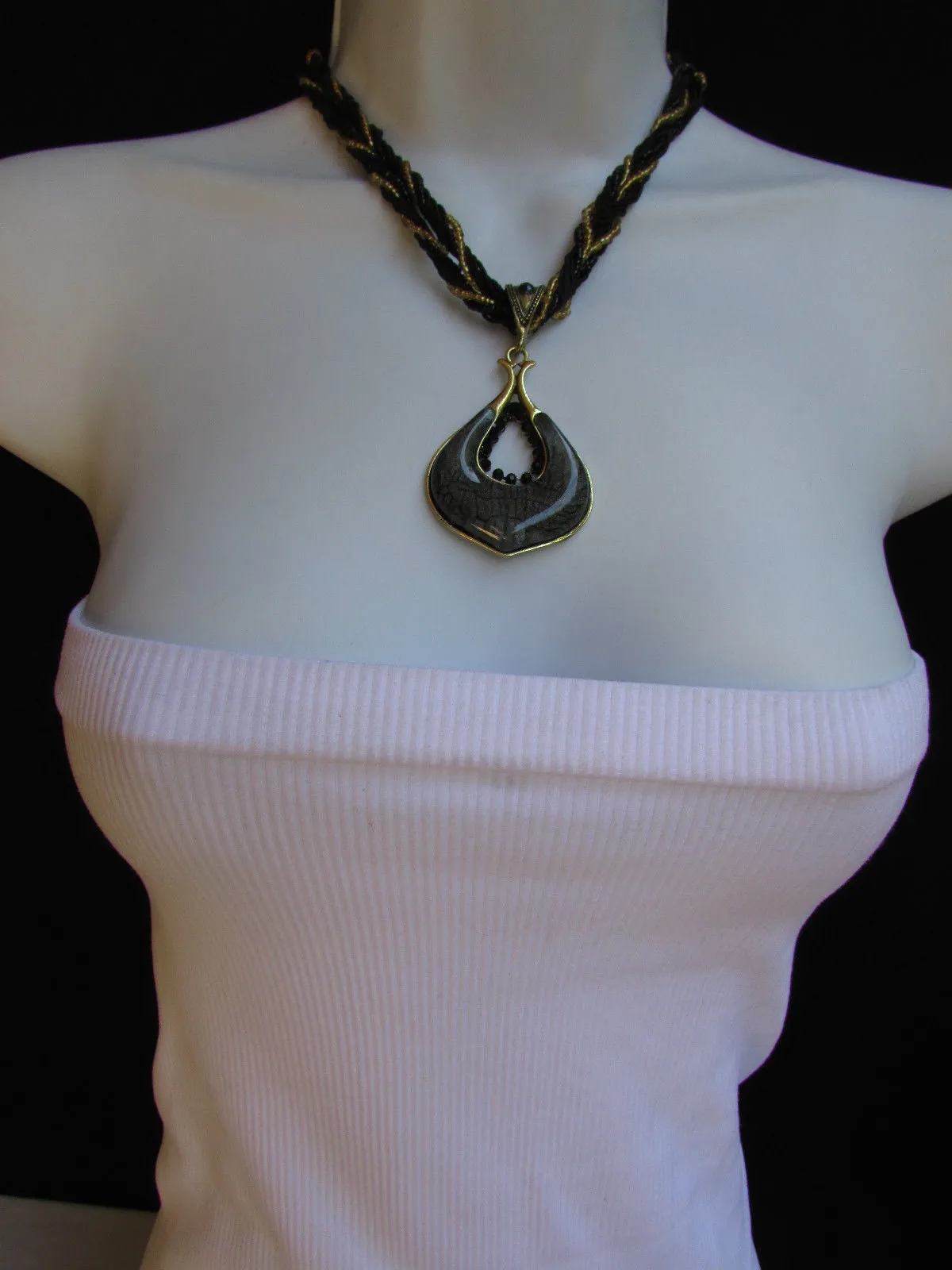 Multi Beas Chain Big Black Glass Drop Rhinestones Pendant 10" Strands Necklace