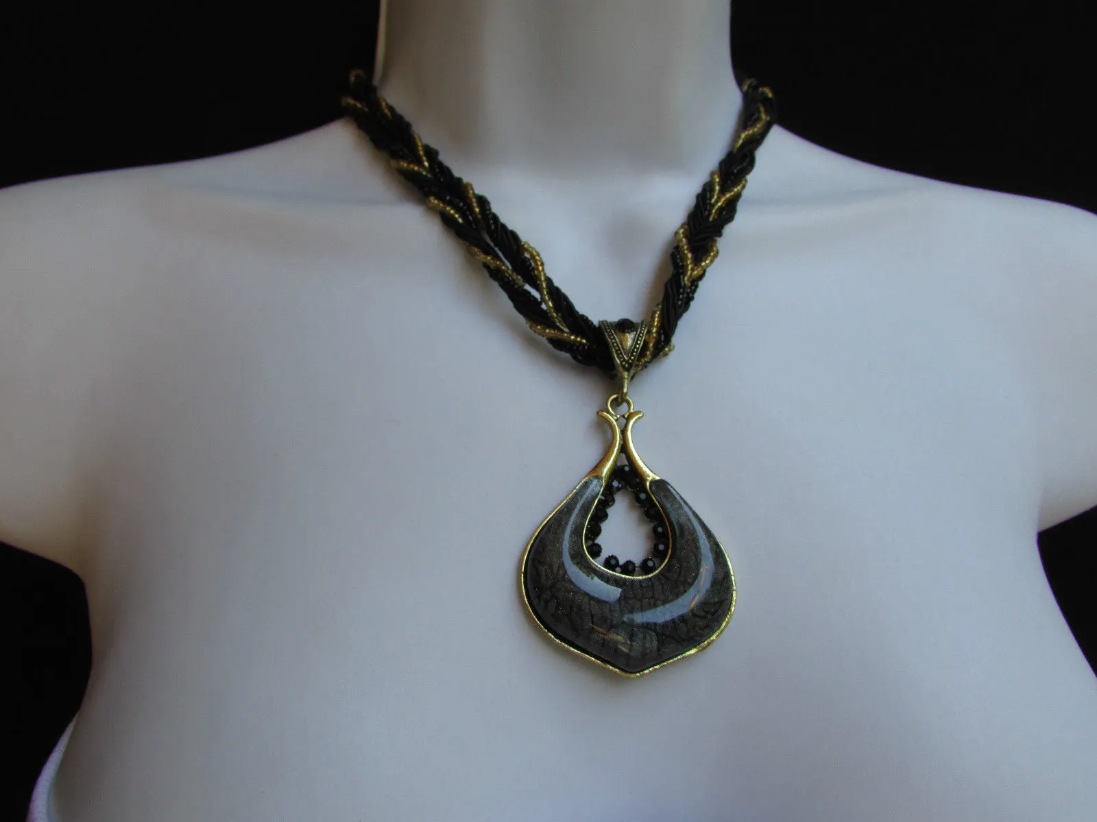 Multi Beas Chain Big Black Glass Drop Rhinestones Pendant 10" Strands Necklace
