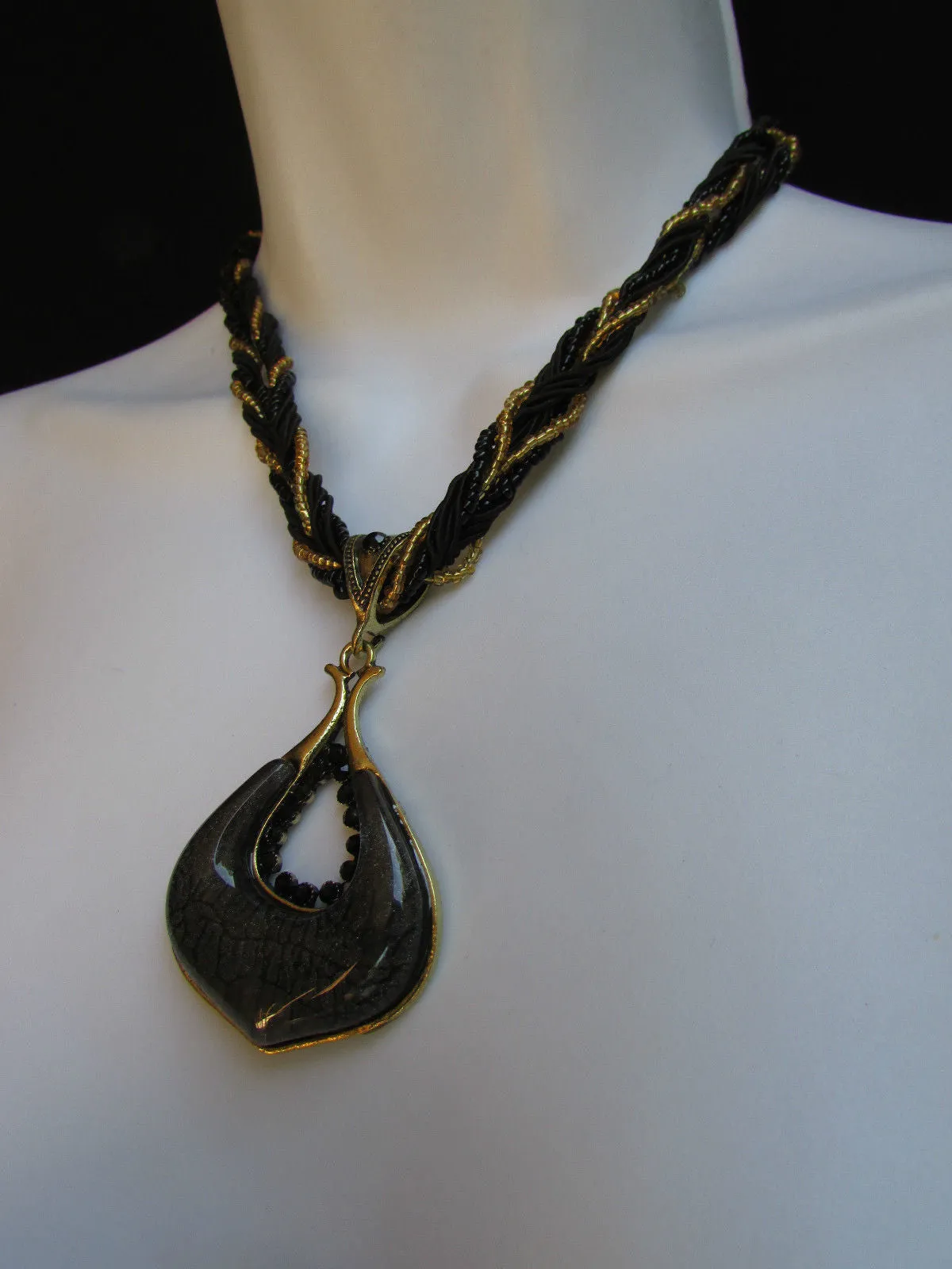 Multi Beas Chain Big Black Glass Drop Rhinestones Pendant 10" Strands Necklace