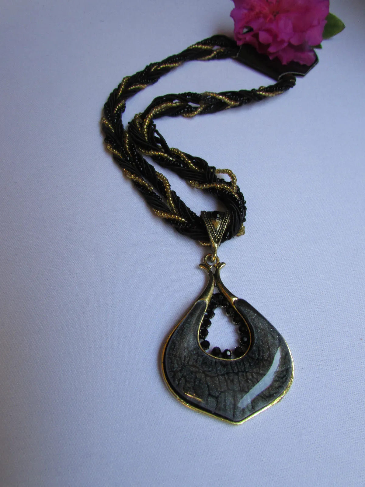 Multi Beas Chain Big Black Glass Drop Rhinestones Pendant 10" Strands Necklace