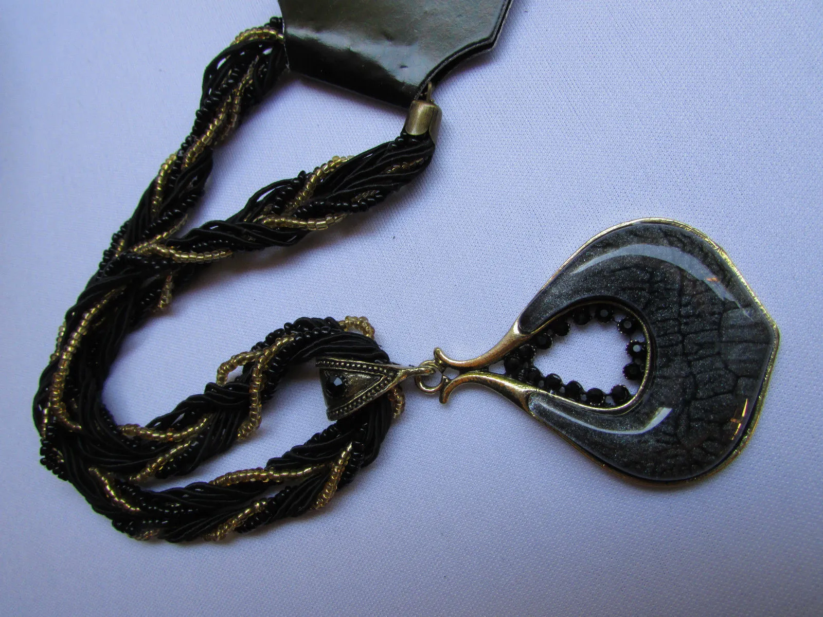 Multi Beas Chain Big Black Glass Drop Rhinestones Pendant 10" Strands Necklace