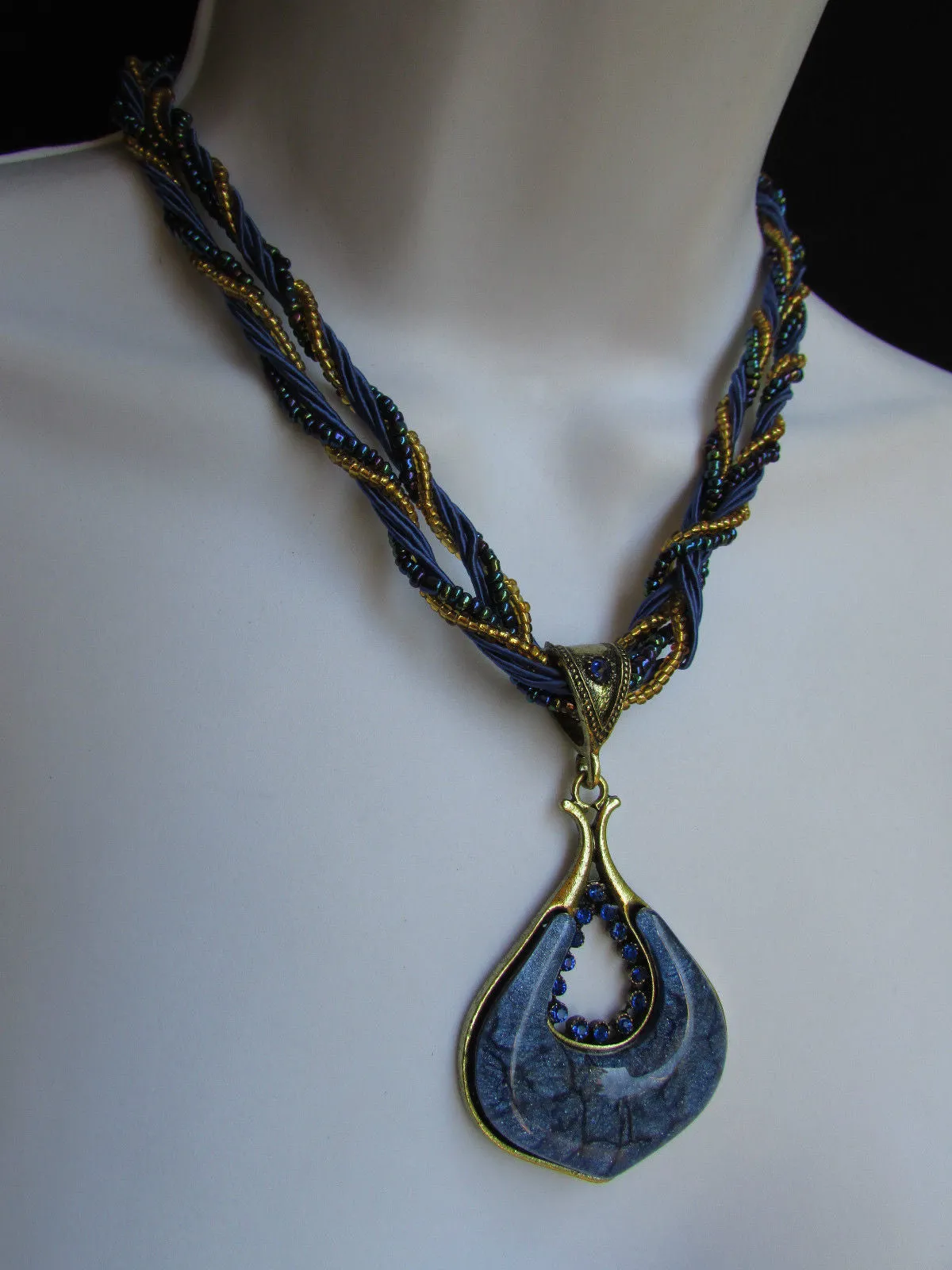Multi Beas Chain Big Black Glass Drop Rhinestones Pendant 10" Strands Necklace