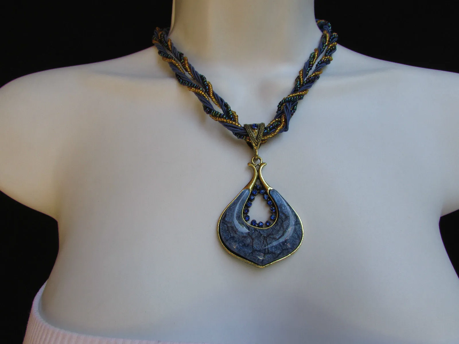 Multi Beas Chain Big Black Glass Drop Rhinestones Pendant 10" Strands Necklace