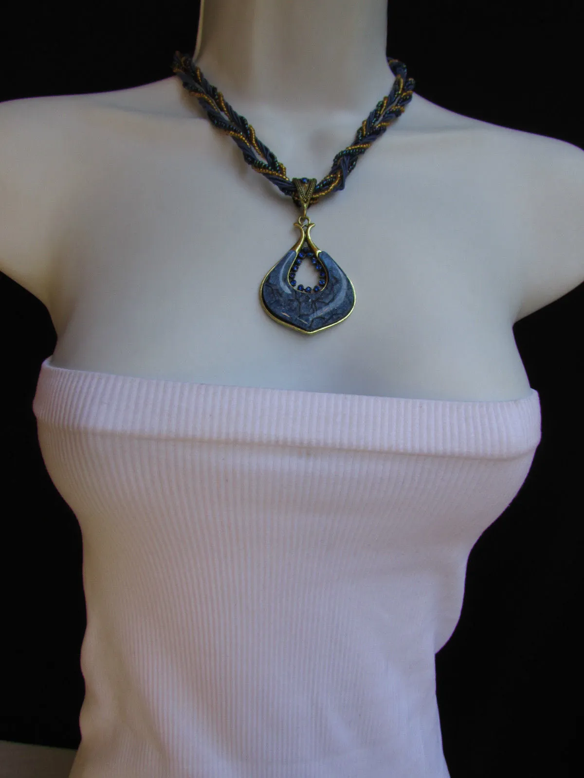 Multi Beas Chain Big Black Glass Drop Rhinestones Pendant 10" Strands Necklace