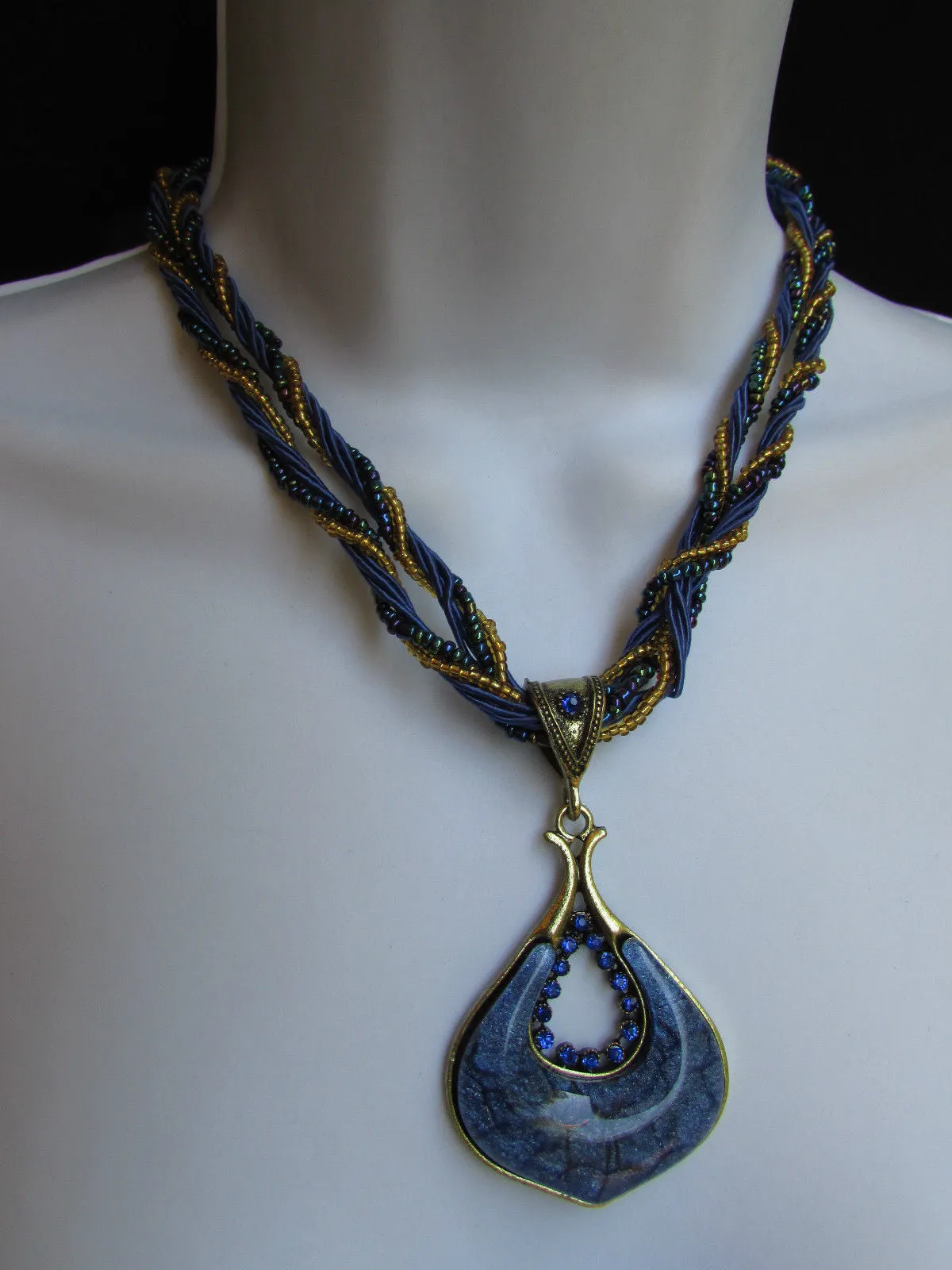 Multi Beas Chain Big Black Glass Drop Rhinestones Pendant 10" Strands Necklace