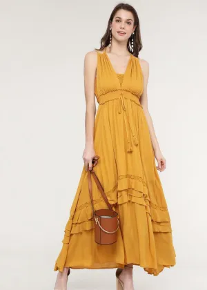 Mustard Yellow Lace Trim Maxi Dress