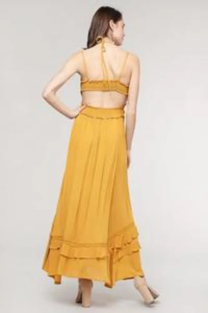 Mustard Yellow Lace Trim Maxi Dress