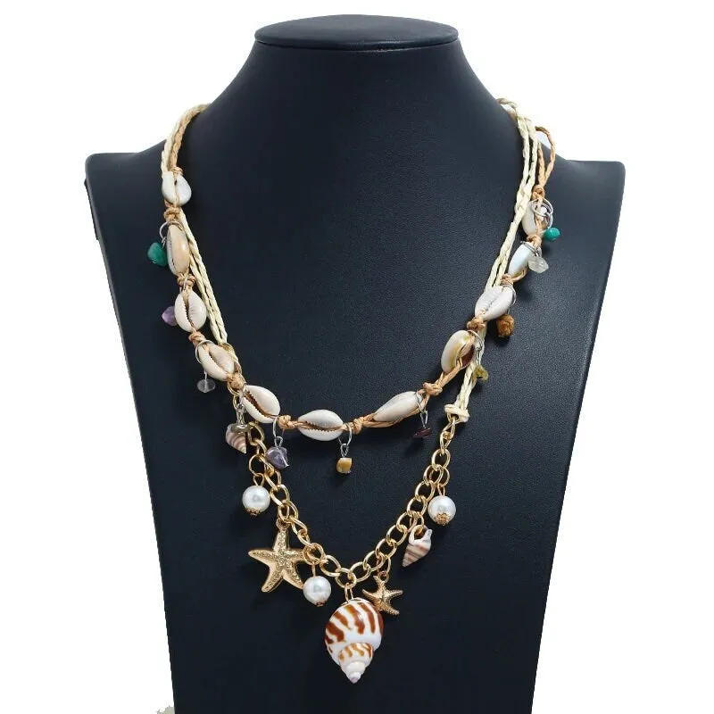 Natural Seashell Beach Long Rope Necklace, Sea Shell Conch Starfish Twine Layered Boho Necklace