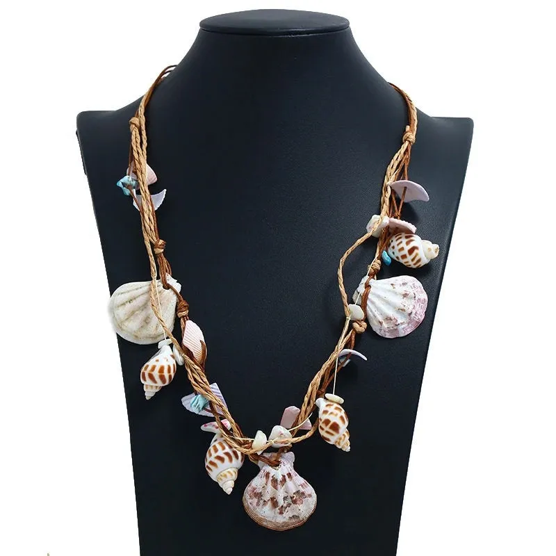 Natural Seashell Beach Long Rope Necklace, Sea Shell Conch Starfish Twine Layered Boho Necklace
