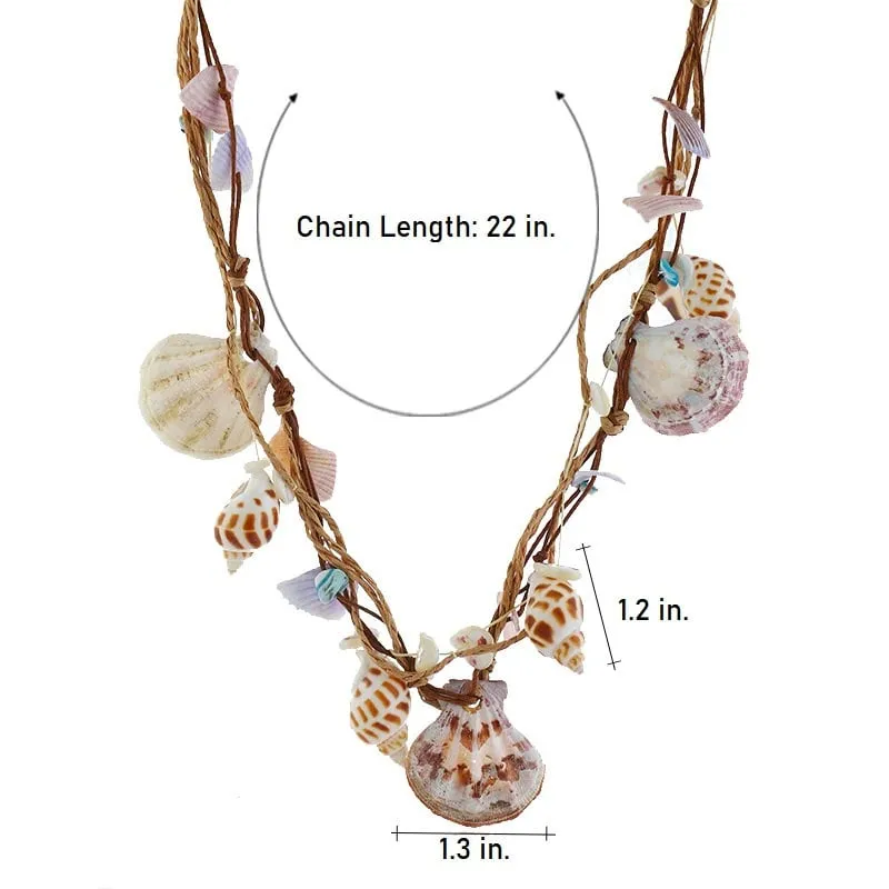 Natural Seashell Beach Long Rope Necklace, Sea Shell Conch Starfish Twine Layered Boho Necklace