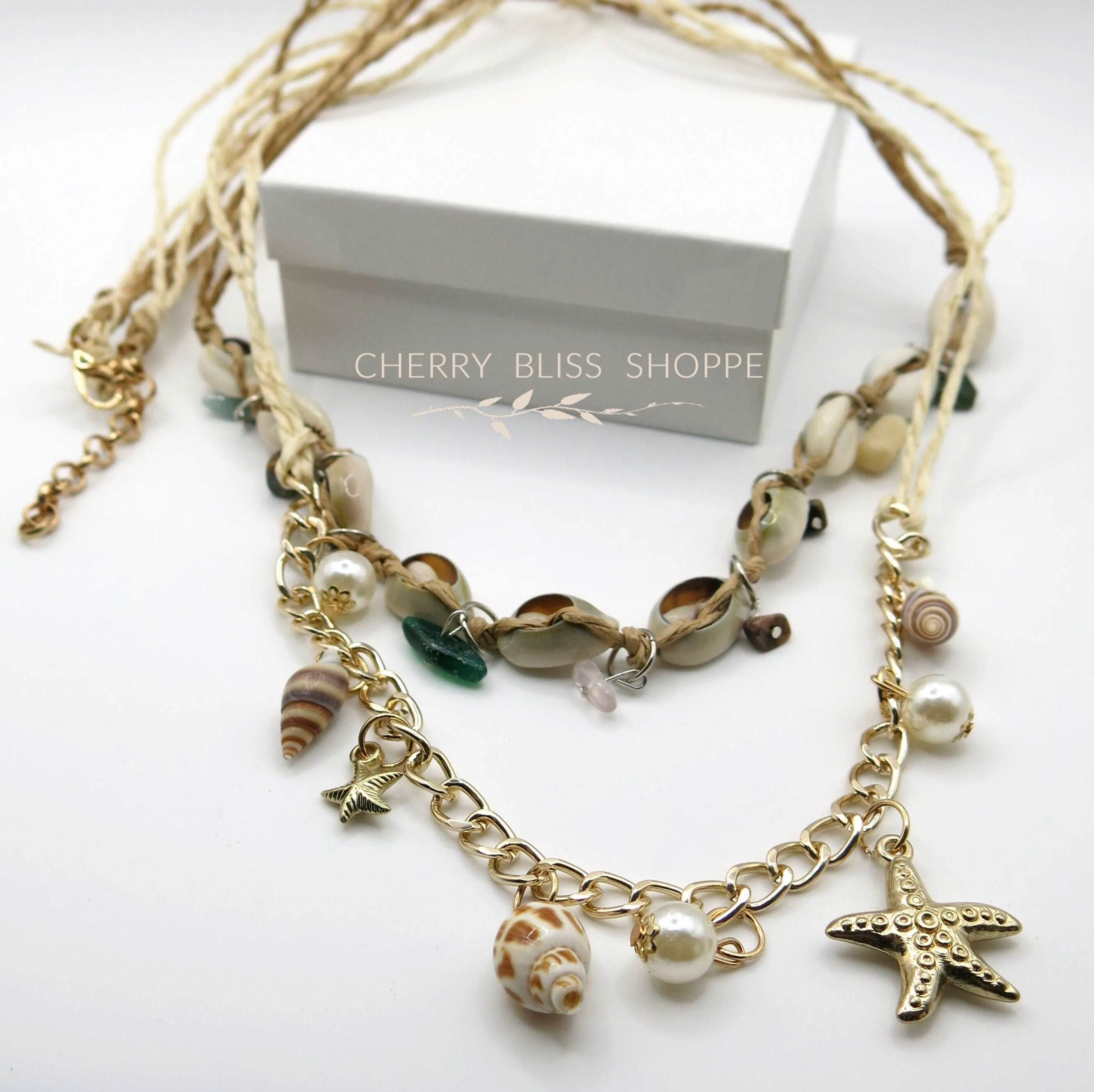 Natural Seashell Beach Long Rope Necklace, Sea Shell Conch Starfish Twine Layered Boho Necklace