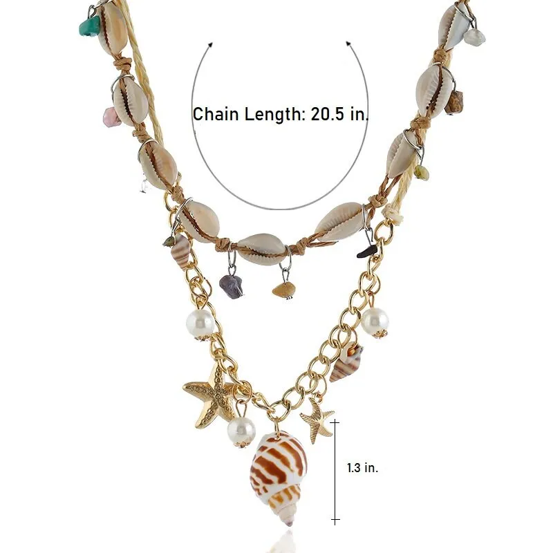 Natural Seashell Beach Long Rope Necklace, Sea Shell Conch Starfish Twine Layered Boho Necklace