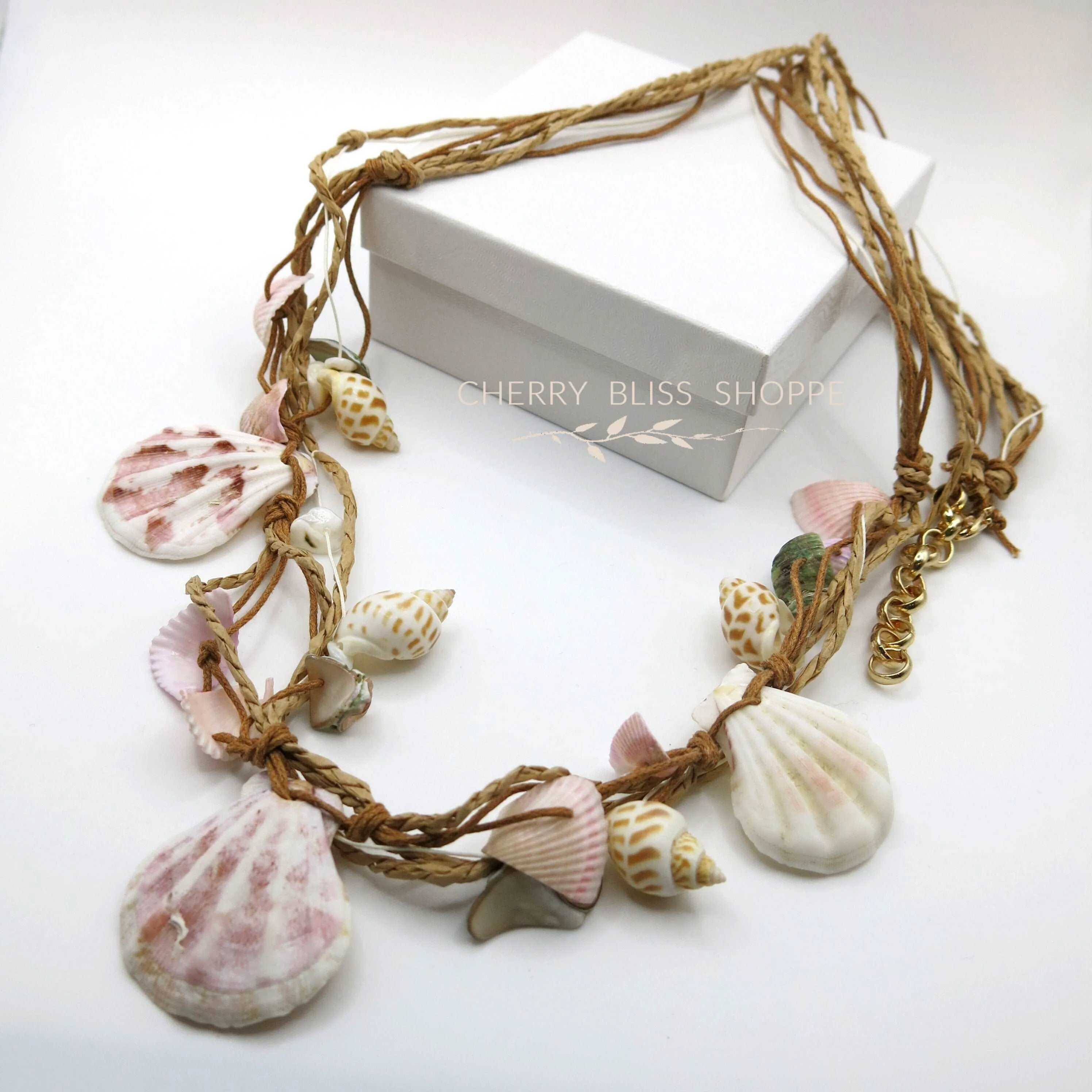 Natural Seashell Beach Long Rope Necklace, Sea Shell Conch Starfish Twine Layered Boho Necklace
