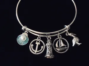 Nautical Charm Bracelet Expandable Adjustable Silver Bangle One Size Fits All Gift Pelican Lighthouse Sailboat Anchor Seashell Pearl