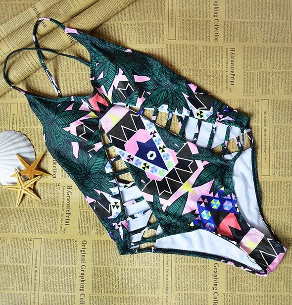 One Piece Strappy biquini High Waist Women cut Bamboo bikiniFemale Bathing Suits Monokini S61A432R
