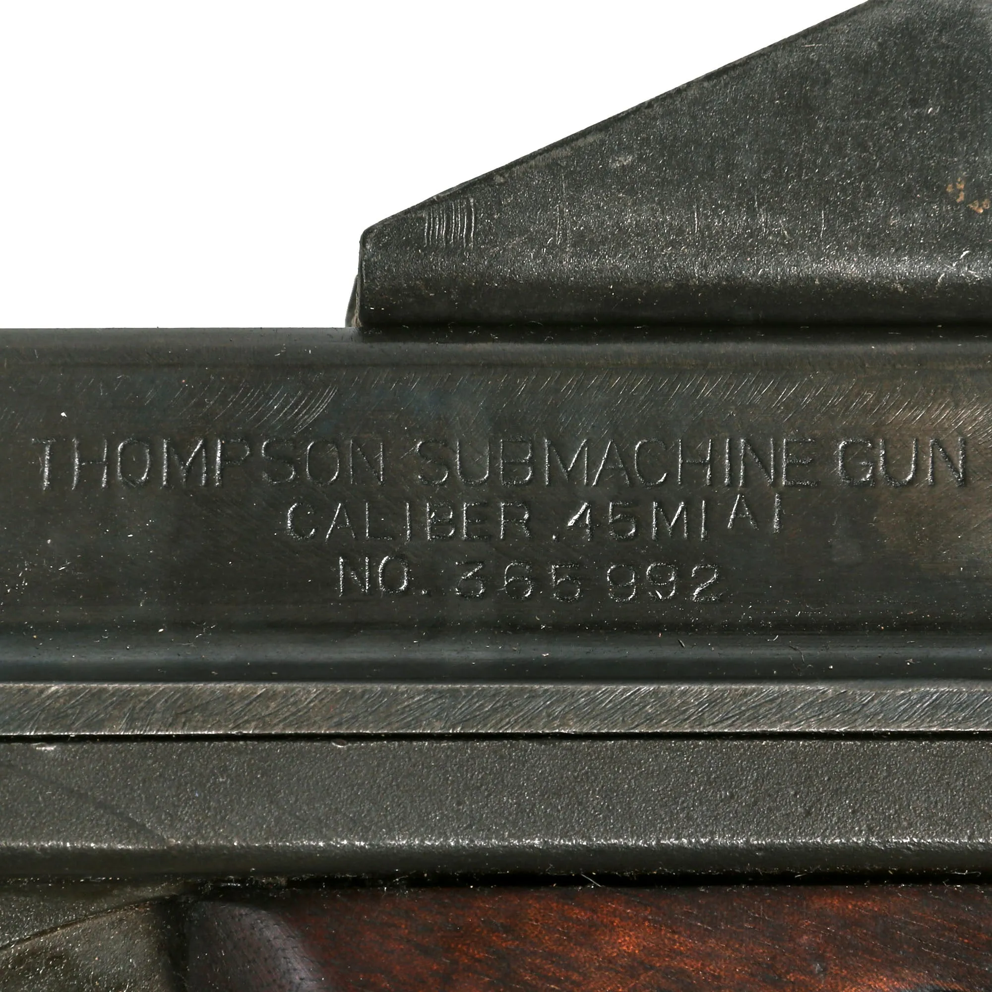 Original U.S. WWII Thompson M1A1 Display Submachine Gun Serial 365992 with NOBUCKL Sling & Magazine - Original WWII Parts