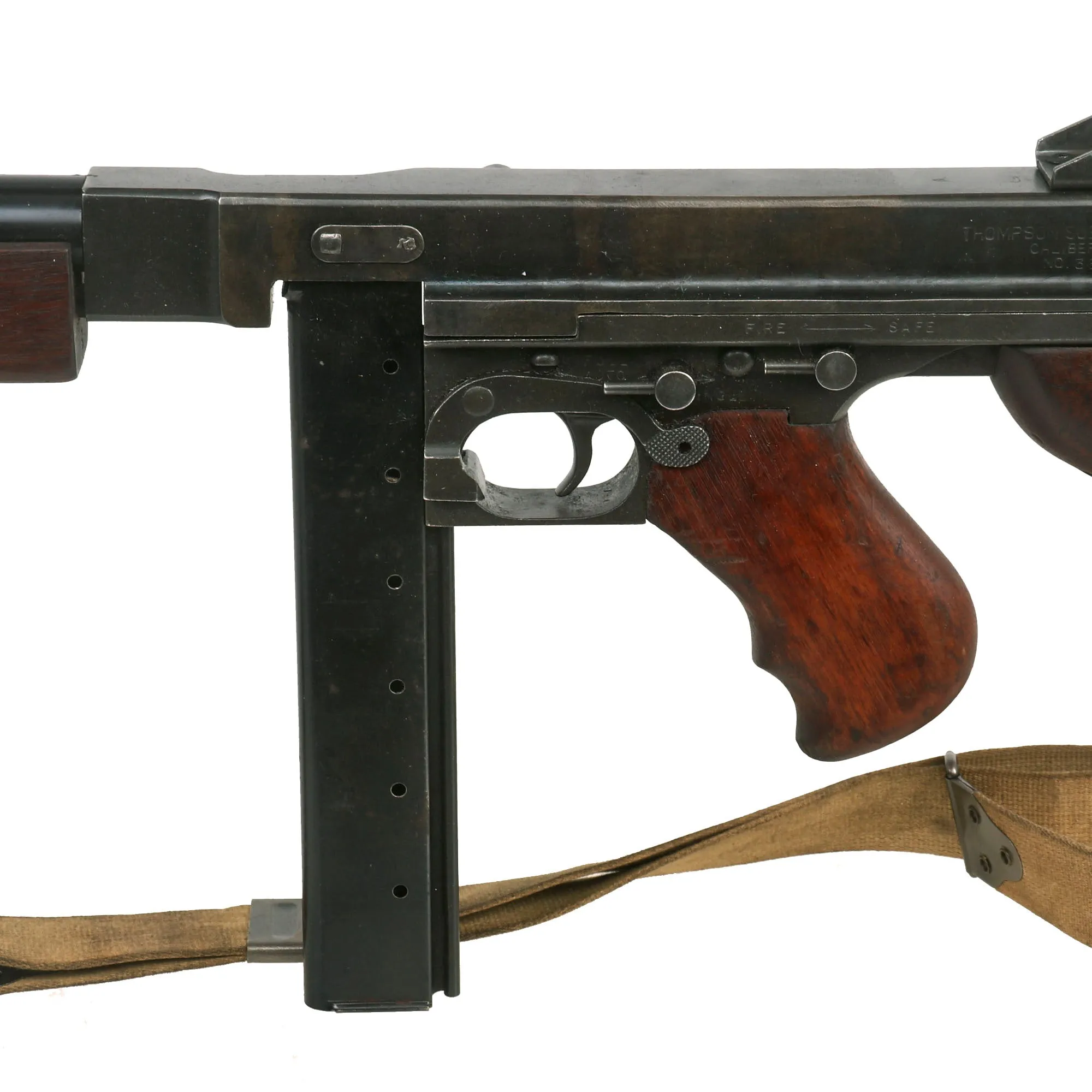 Original U.S. WWII Thompson M1A1 Display Submachine Gun Serial 365992 with NOBUCKL Sling & Magazine - Original WWII Parts