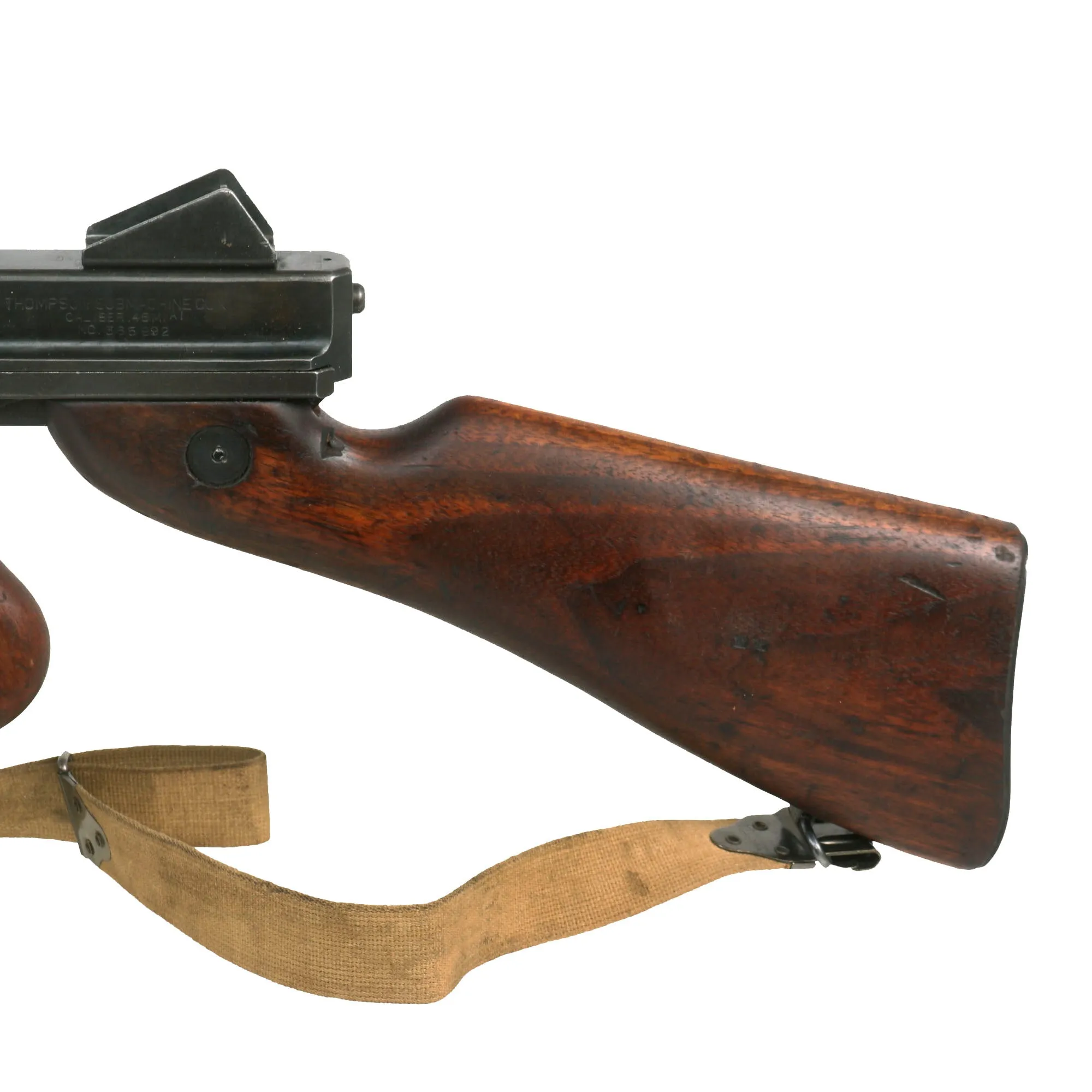 Original U.S. WWII Thompson M1A1 Display Submachine Gun Serial 365992 with NOBUCKL Sling & Magazine - Original WWII Parts