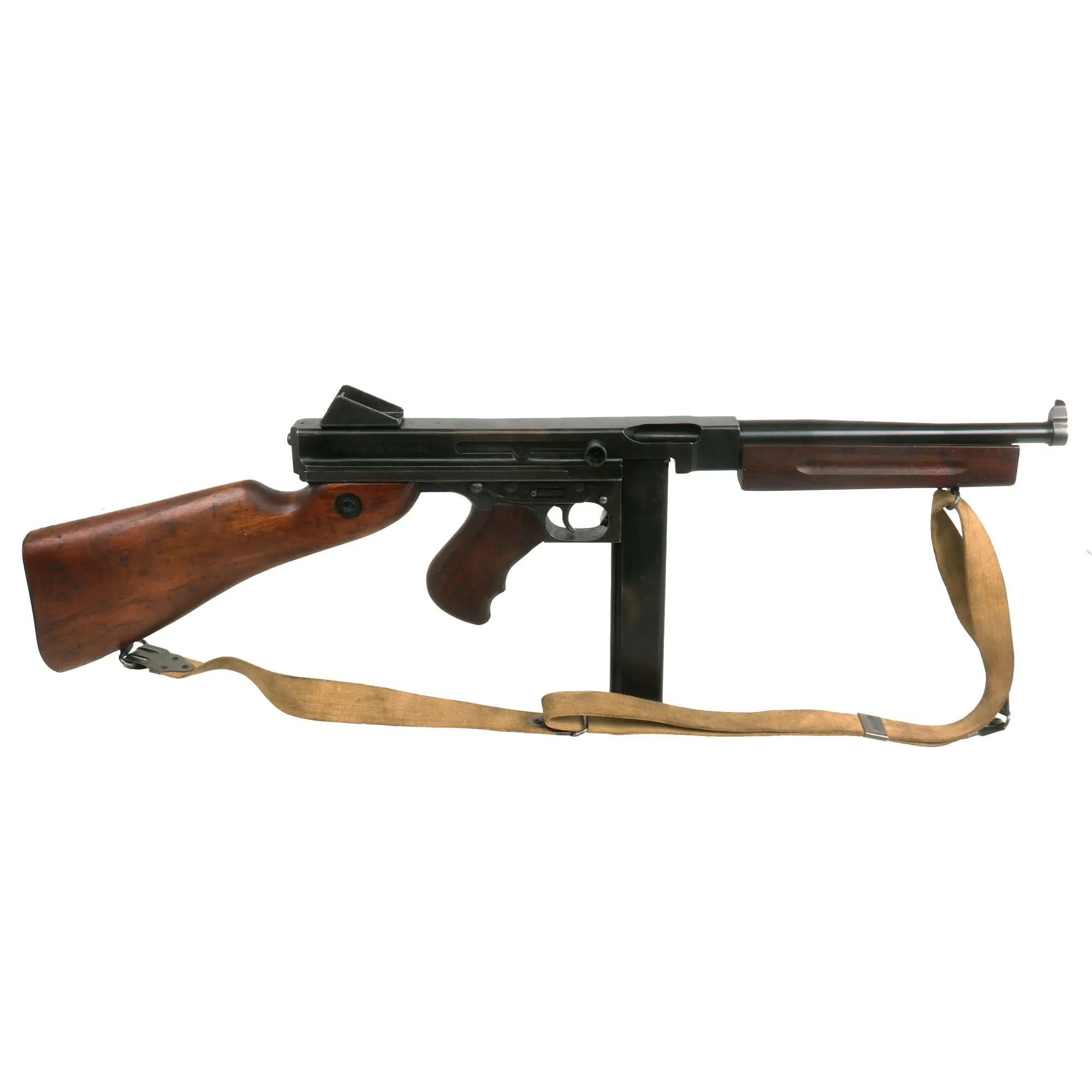 Original U.S. WWII Thompson M1A1 Display Submachine Gun Serial 365992 with NOBUCKL Sling & Magazine - Original WWII Parts