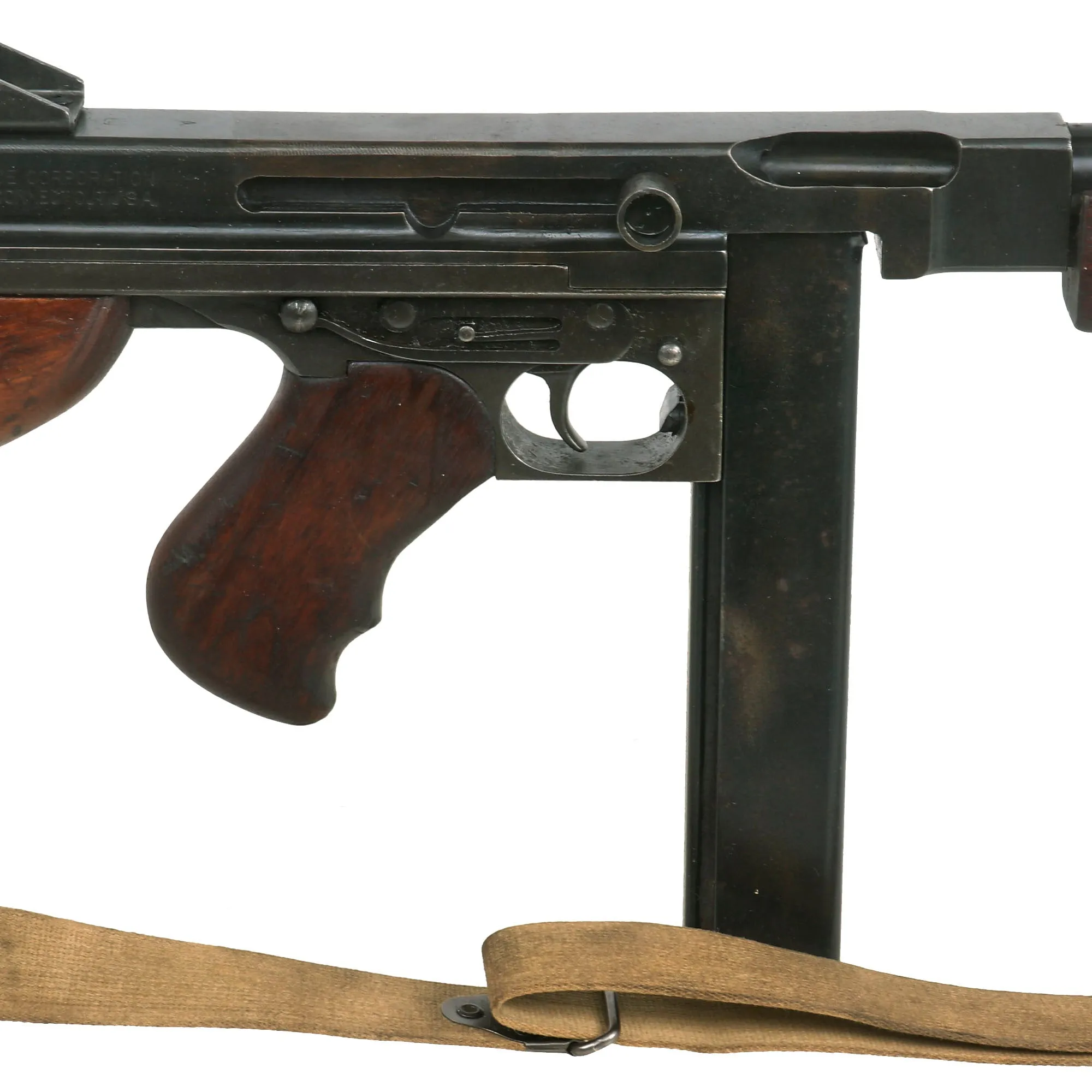 Original U.S. WWII Thompson M1A1 Display Submachine Gun Serial 365992 with NOBUCKL Sling & Magazine - Original WWII Parts
