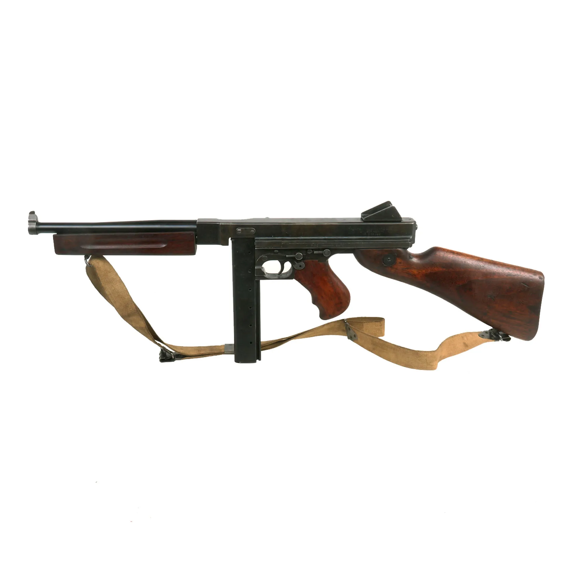 Original U.S. WWII Thompson M1A1 Display Submachine Gun Serial 365992 with NOBUCKL Sling & Magazine - Original WWII Parts