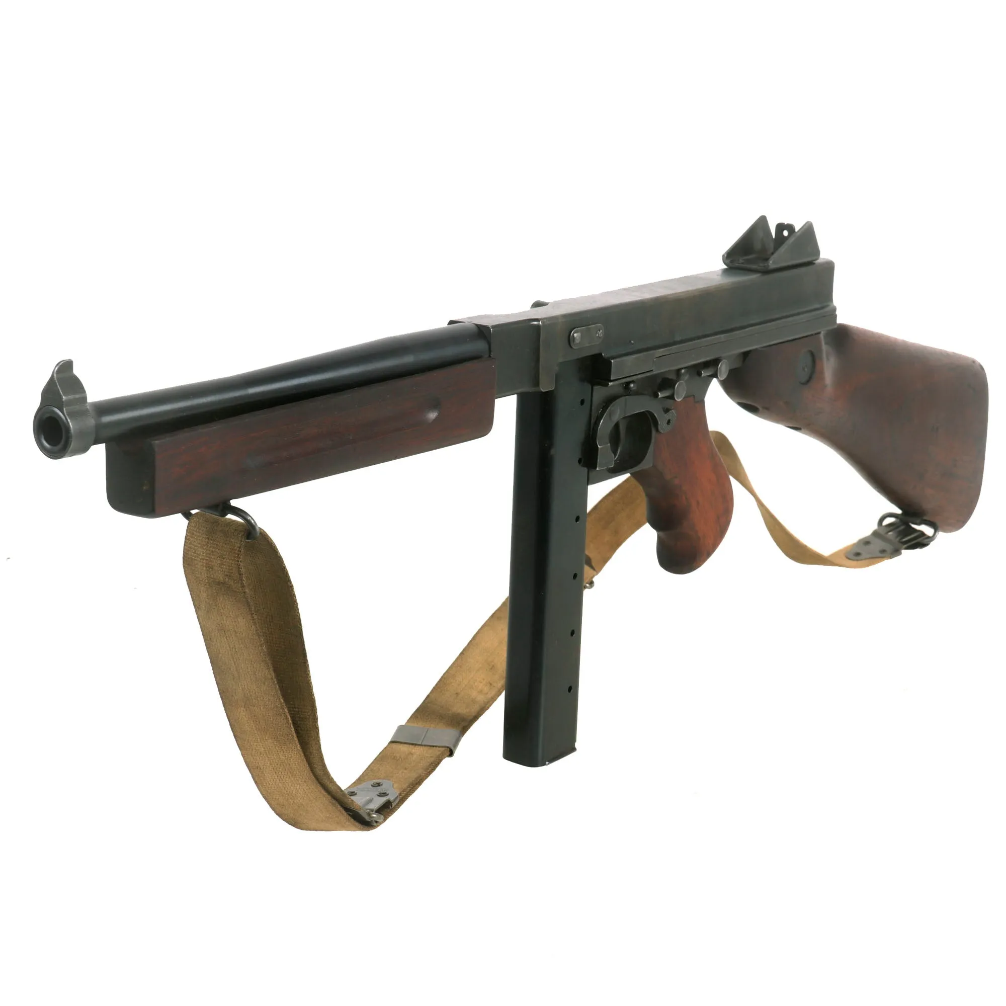 Original U.S. WWII Thompson M1A1 Display Submachine Gun Serial 365992 with NOBUCKL Sling & Magazine - Original WWII Parts