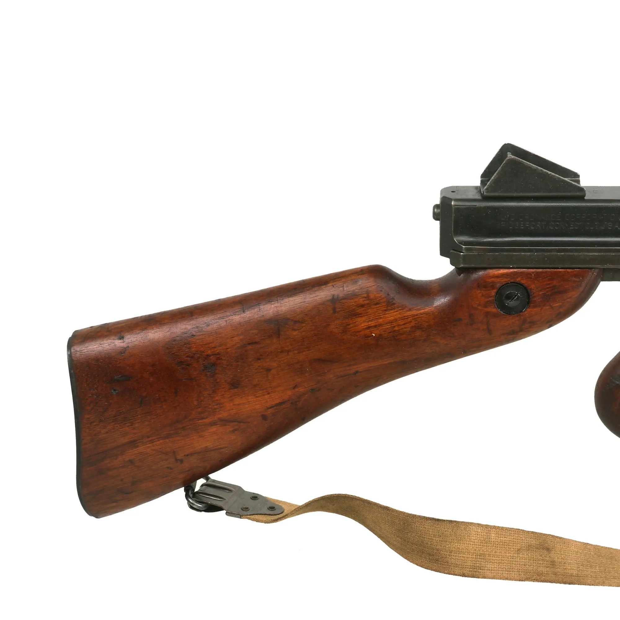 Original U.S. WWII Thompson M1A1 Display Submachine Gun Serial 365992 with NOBUCKL Sling & Magazine - Original WWII Parts