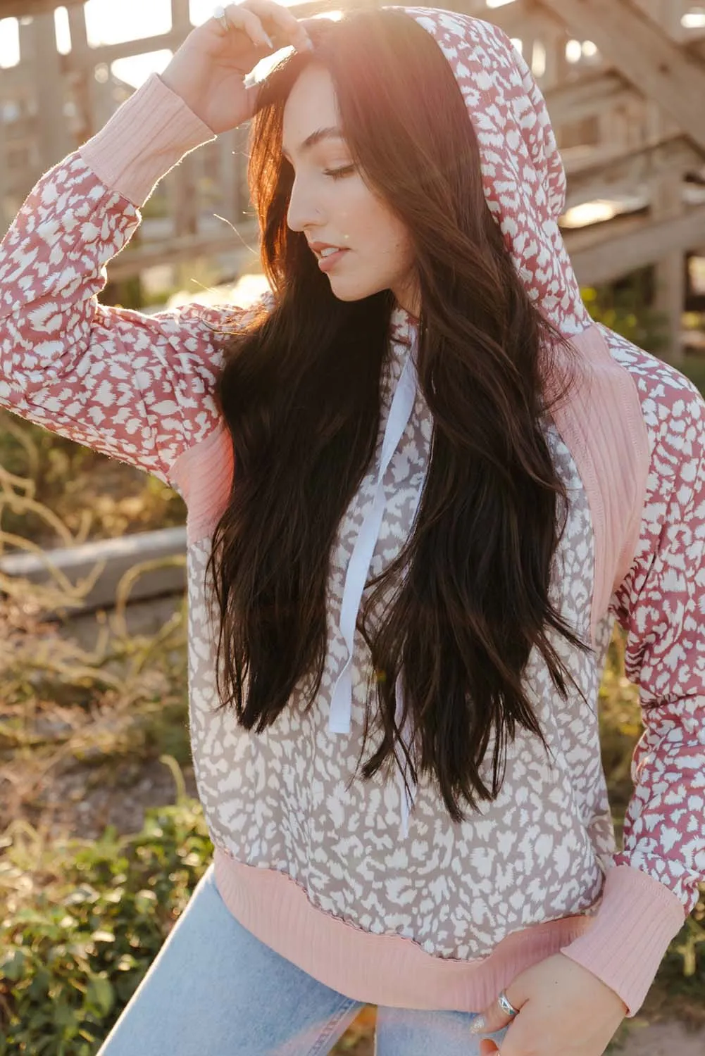 Pink Leopard Long Sleeve Hooded Sweatshirt