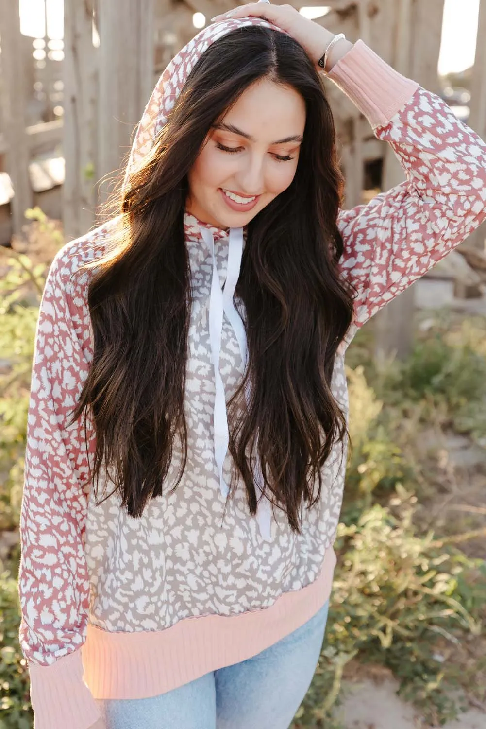 Pink Leopard Long Sleeve Hooded Sweatshirt
