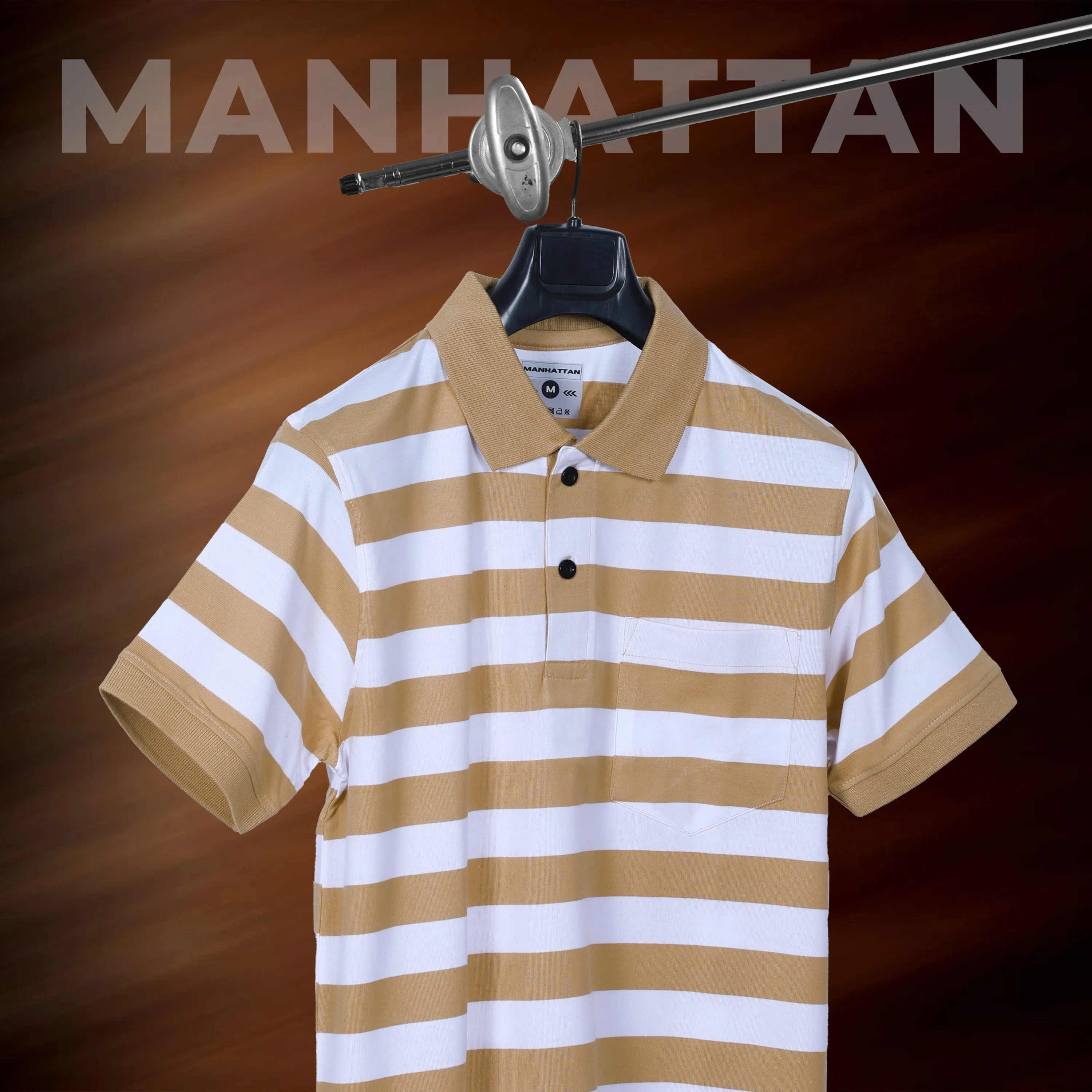 Premium Cotton Small Striped Polo Pocket (White/Beach Stripes)
