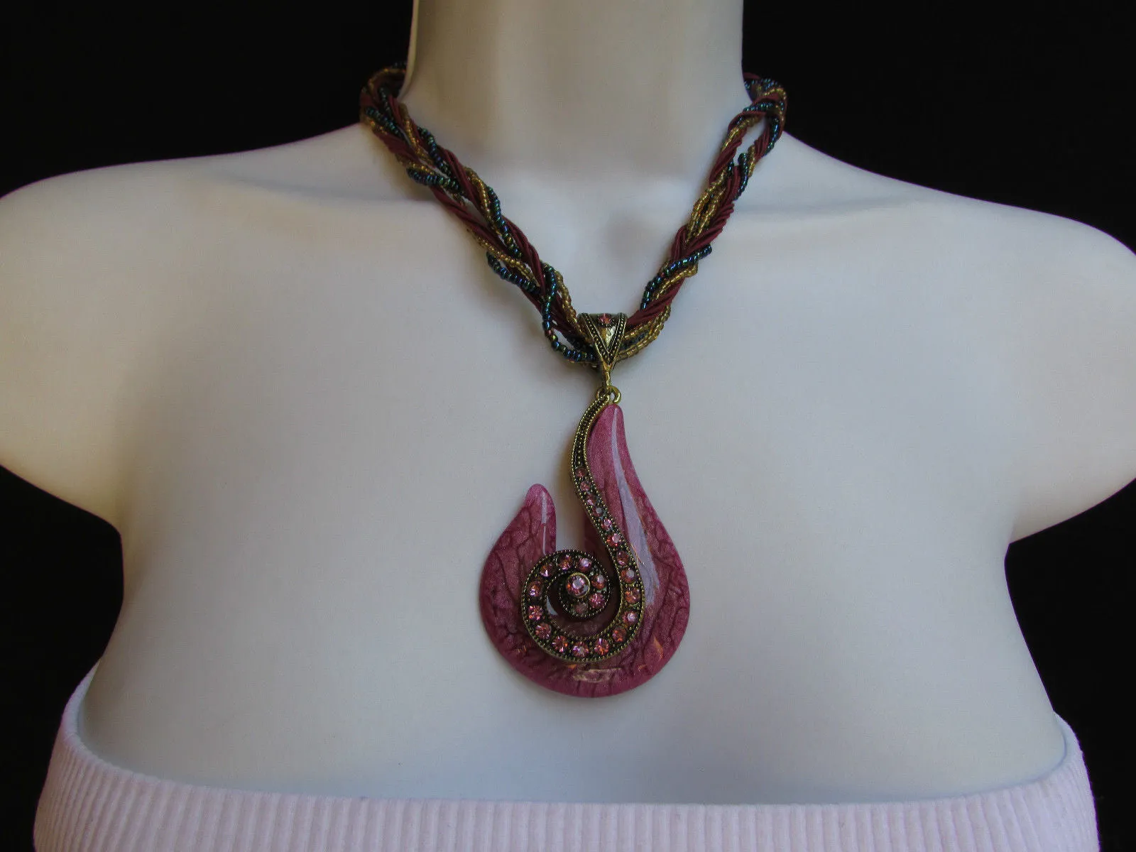Purple White Yellow Chain Glass Snale Pendant Rhinestones Strands Necklace
