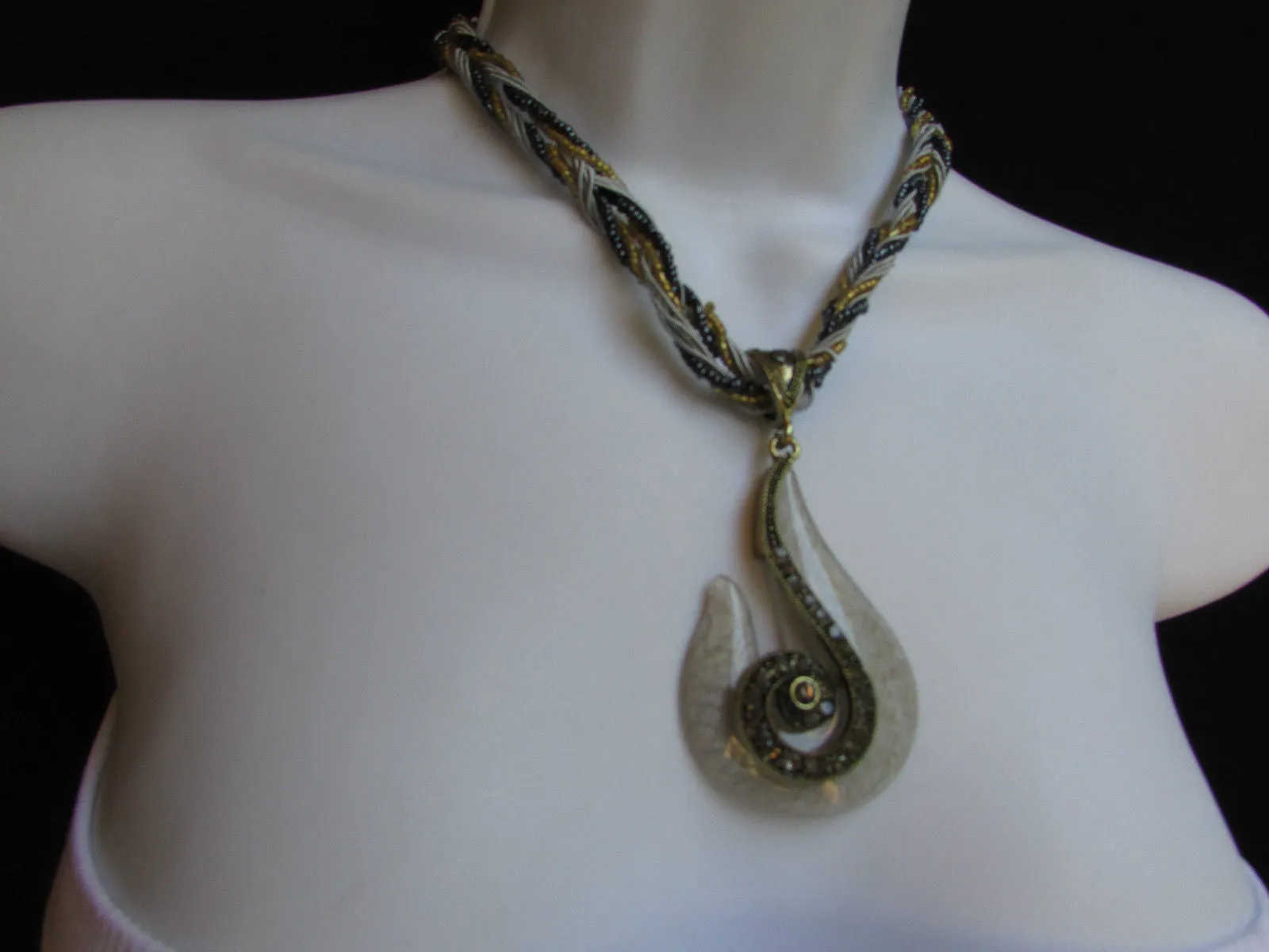 Purple White Yellow Chain Glass Snale Pendant Rhinestones Strands Necklace