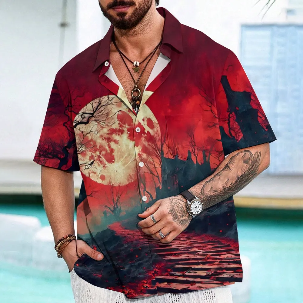 Red Moonlight Horror Castle Printed Casual Large Size Short Sleeve Shirt 2407000593